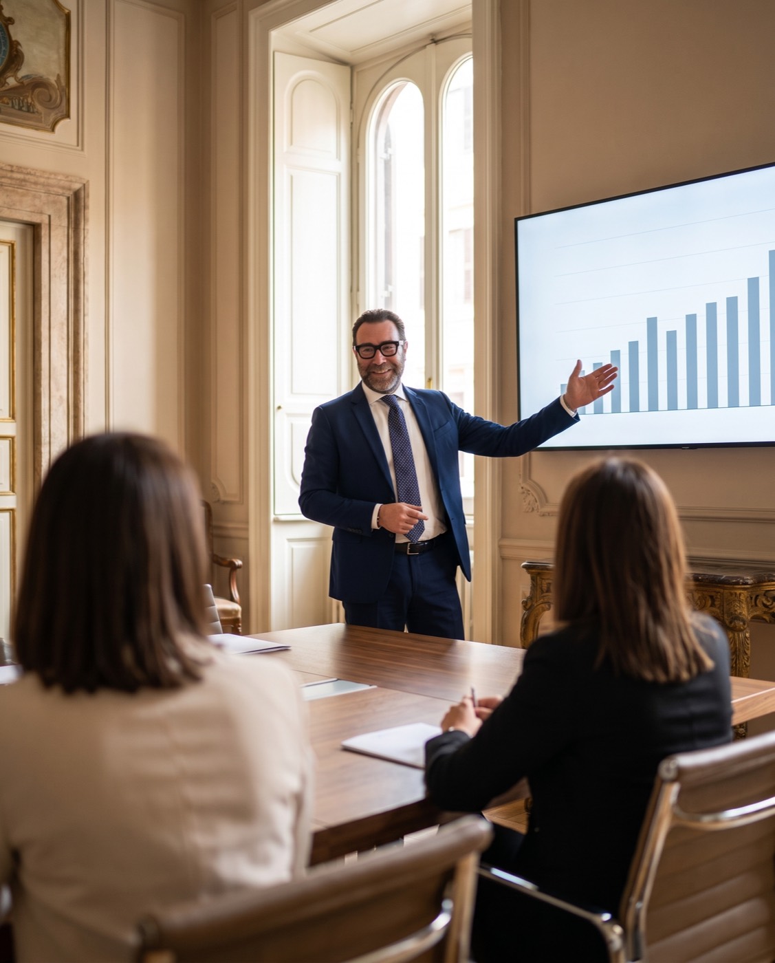 Una riunione di lavoro: il consulente presenta un grafico al cliente