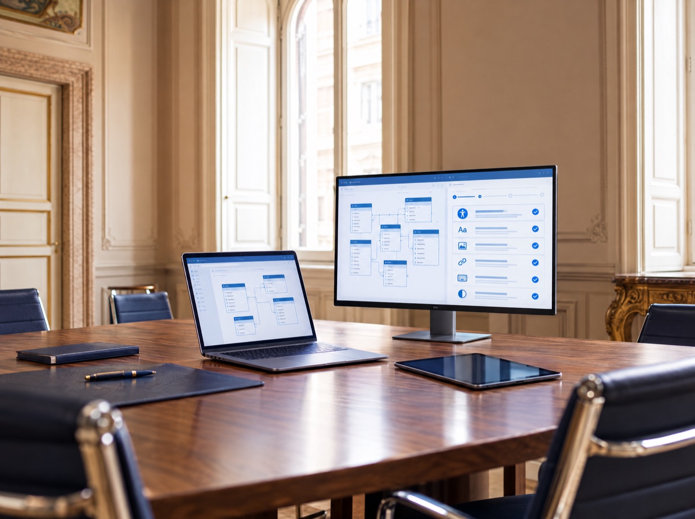 Portatile e monitor con lo schema di un database e una checklist di accessibilità